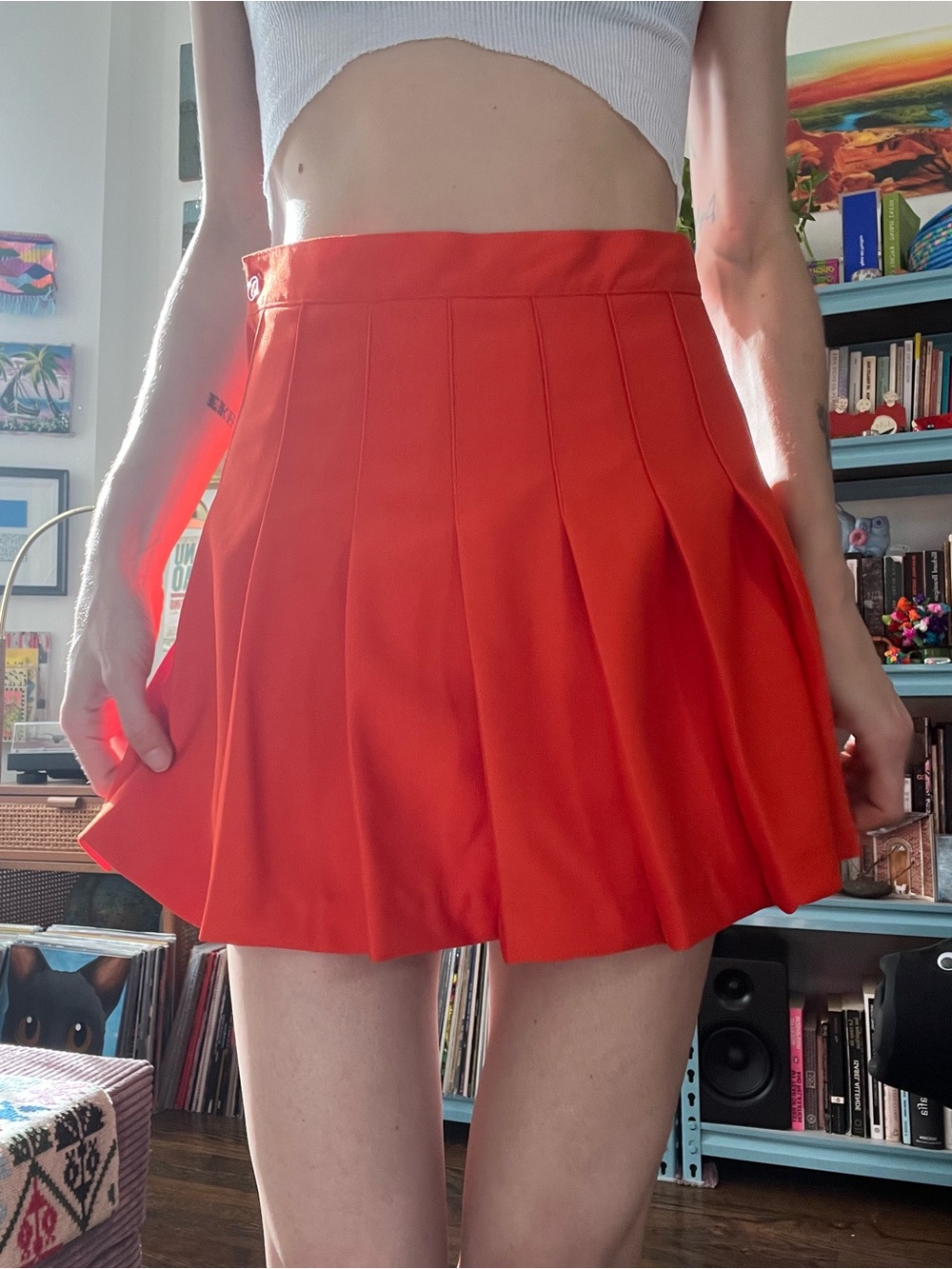 80s Sunny Orange Pleated Mini Skirt Cheerleader Style